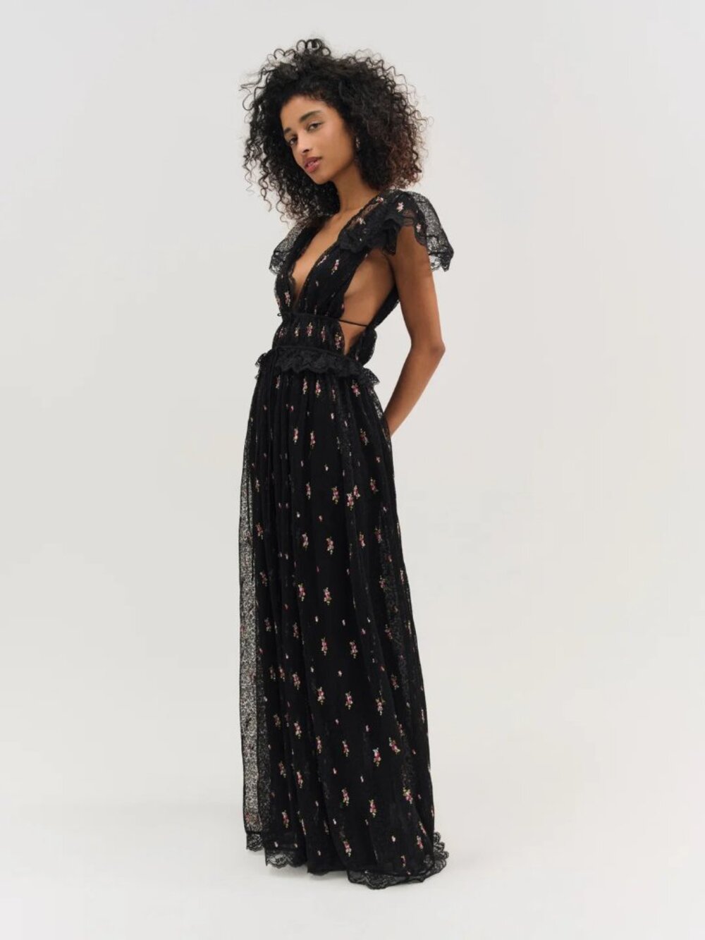 For Love & Lemons Poppy Pleated Lace Maxi Dress Black (under original packaging)